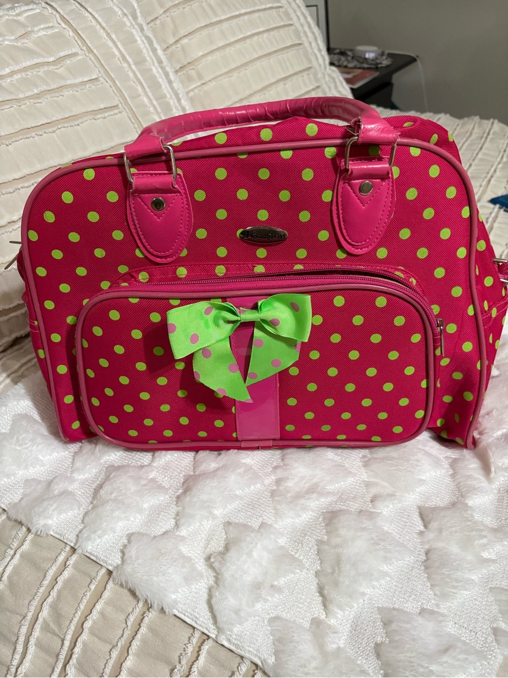 Pink Polka Dot Baby Bag with Green Bow Accent